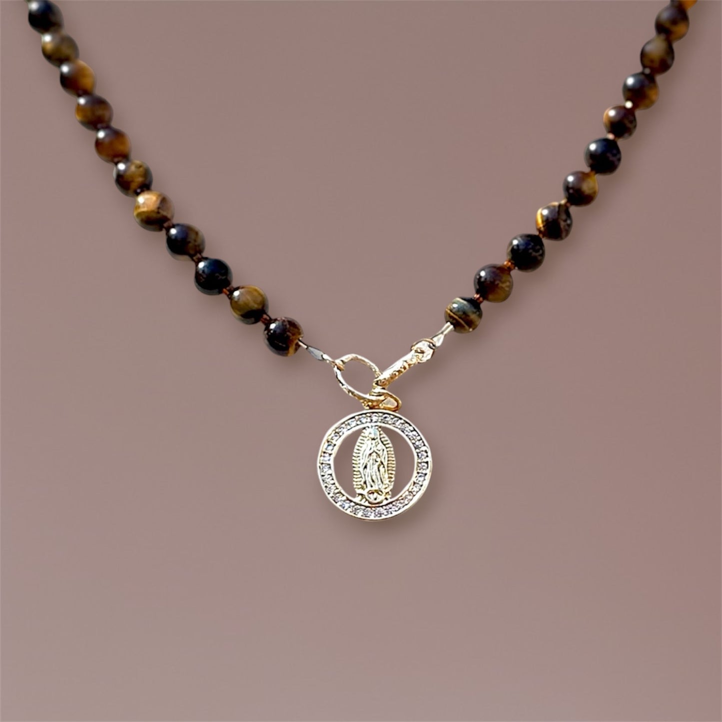 Our Lady of Guadalupe Tigers Eye Necklace