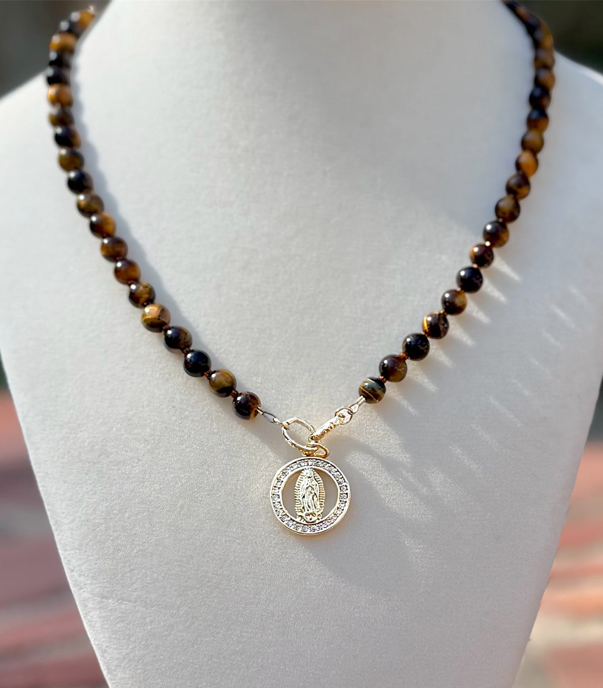 Our Lady of Guadalupe Tigers Eye Necklace