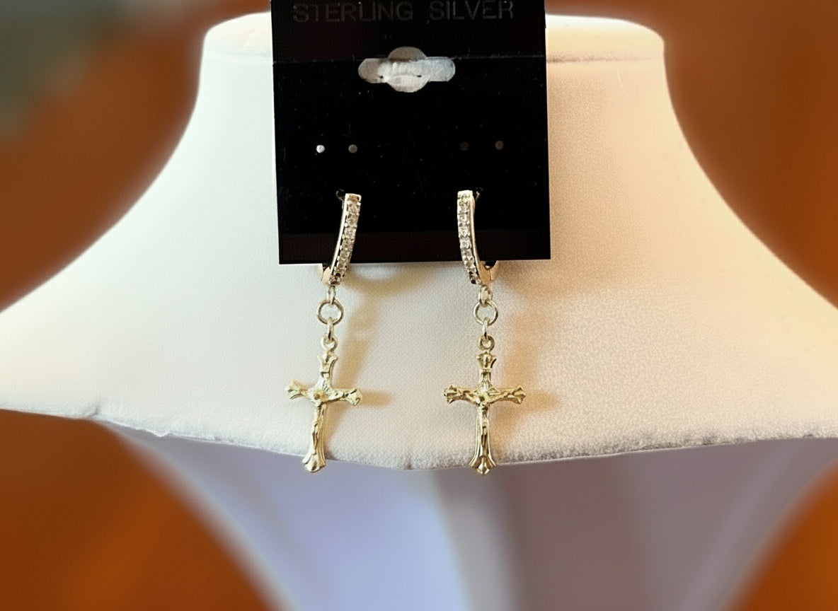 Sanctus Gold & Pavé Crucifix Drop Earrings