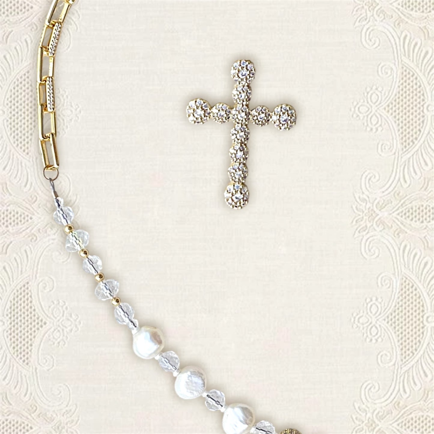 Pave Cross & Pearl Necklace