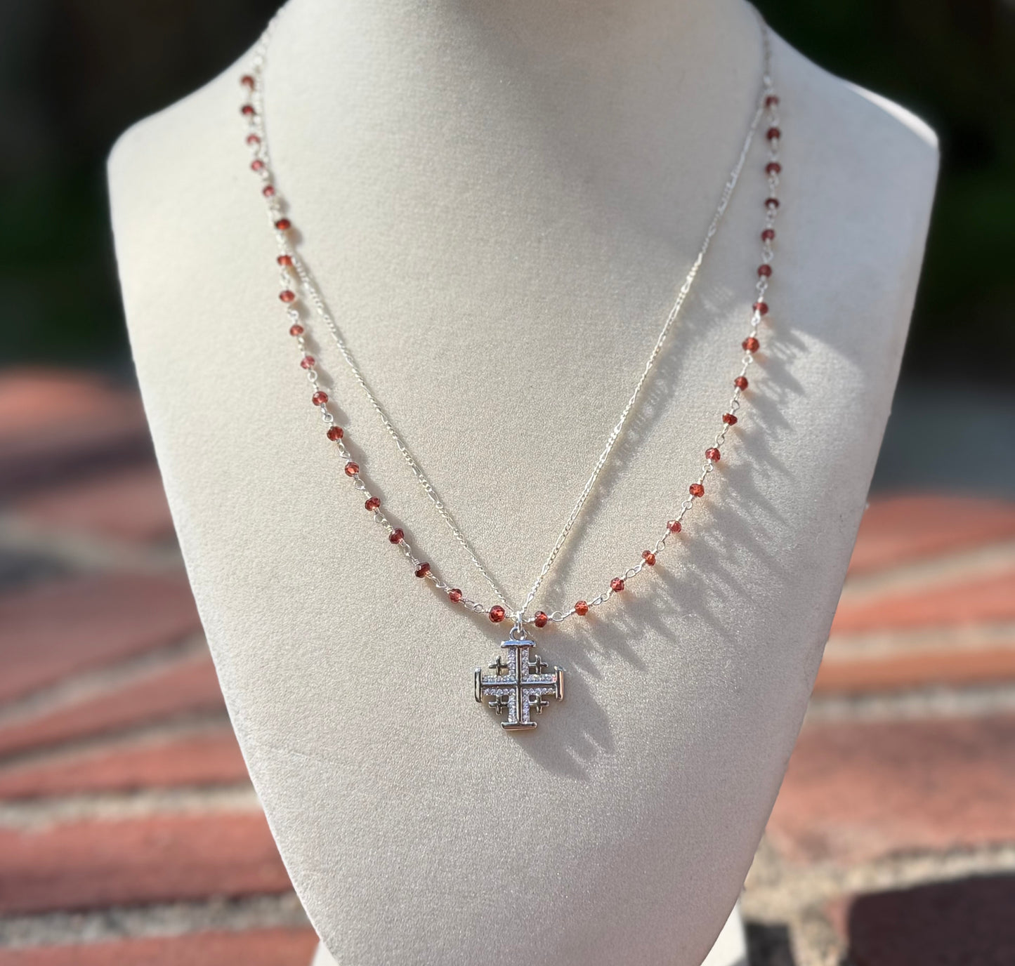 Sterling Silver Garnet Jerusalem Cross Necklace