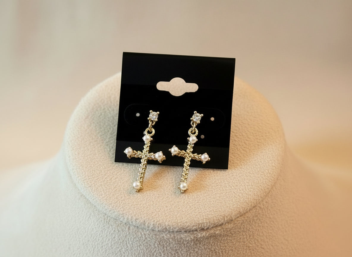18K Gold Catholic Chevron Cross Pave Stud Earrings with Faux Pearls