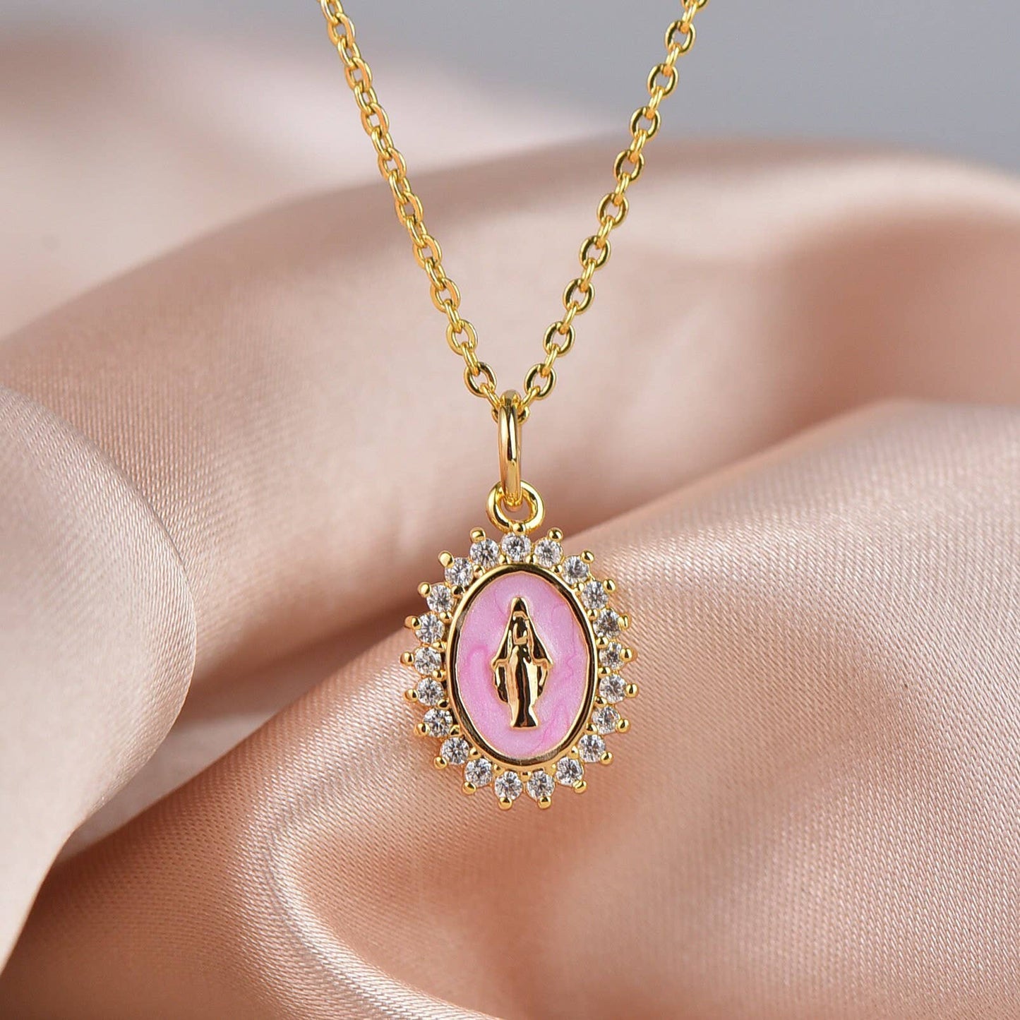Gold Enamel Virgin Mary Dainty Pendant Necklace,CPG427