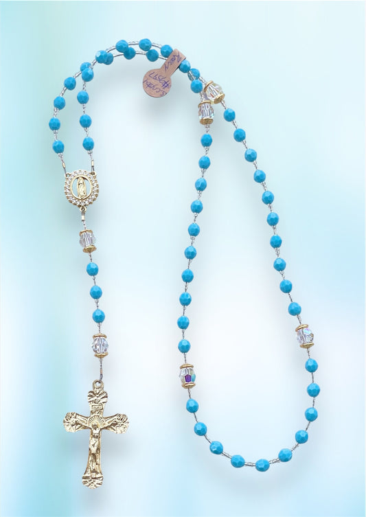 Turquoise Swarovski Crystal Rosary with Pave Our Lady of Guadalupe & Gold Trinity Crucifix