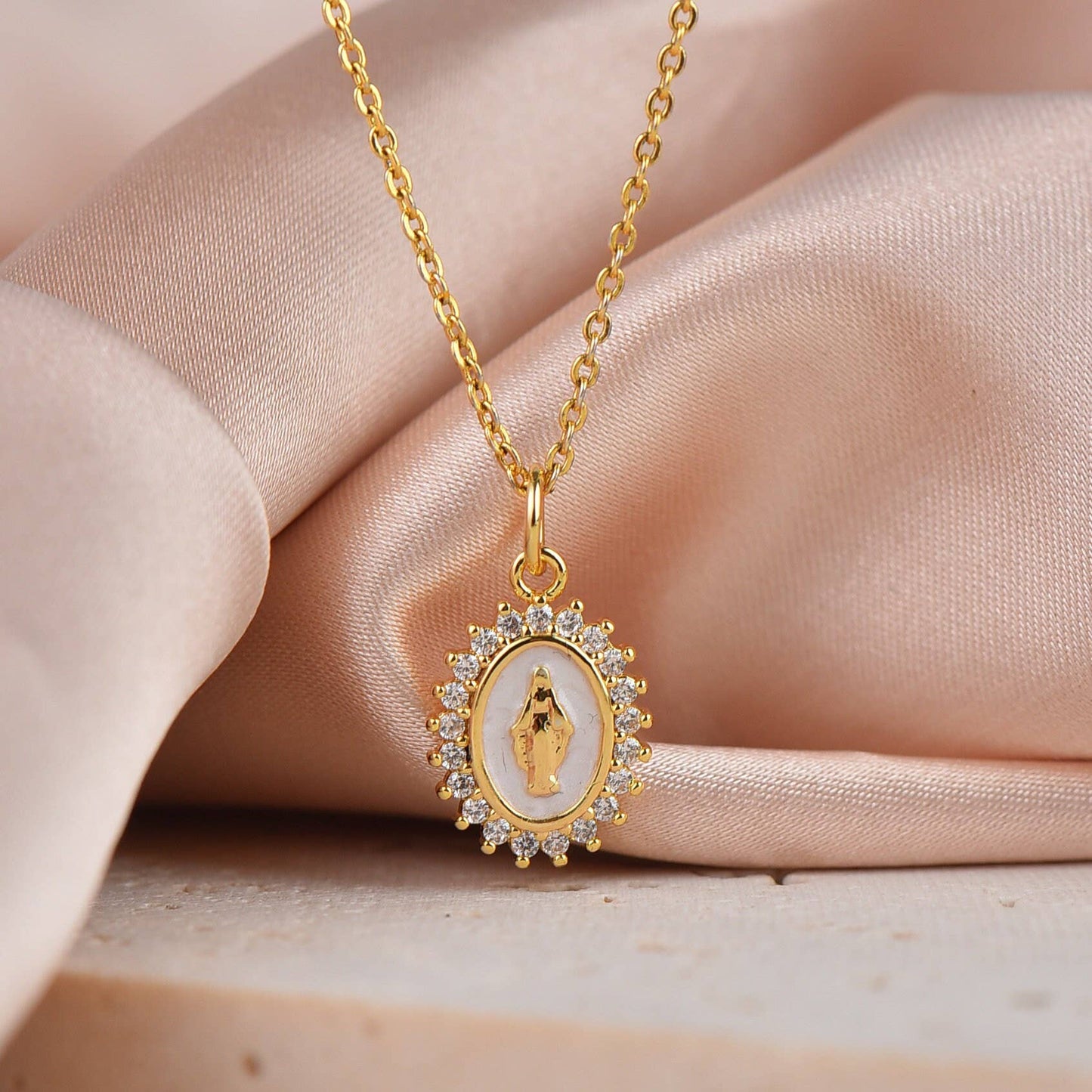 Gold Enamel Virgin Mary Dainty Pendant Necklace,CPG427