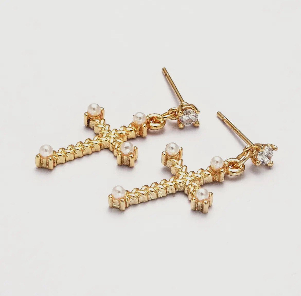 18K Gold Catholic Chevron Cross Pave Stud Earrings with Faux Pearls