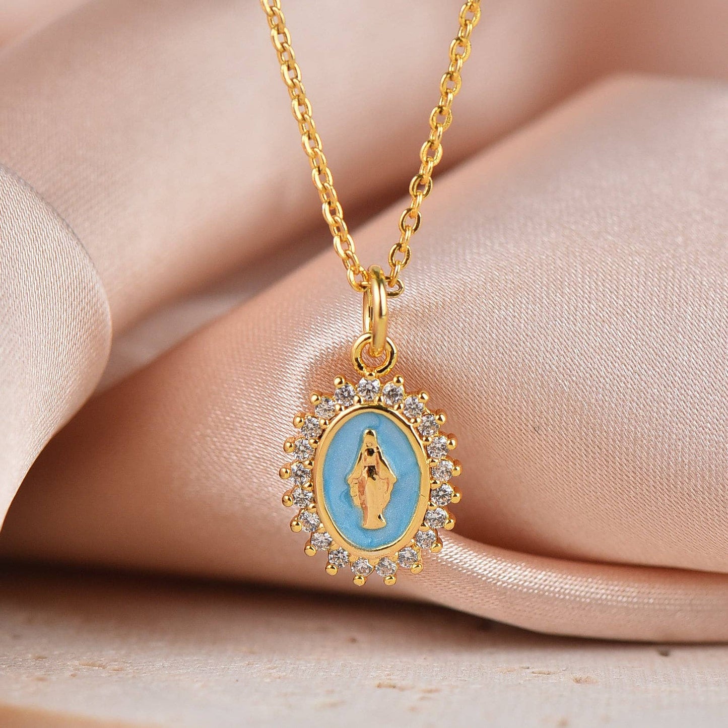 Gold Enamel Virgin Mary Dainty Pendant Necklace,CPG427