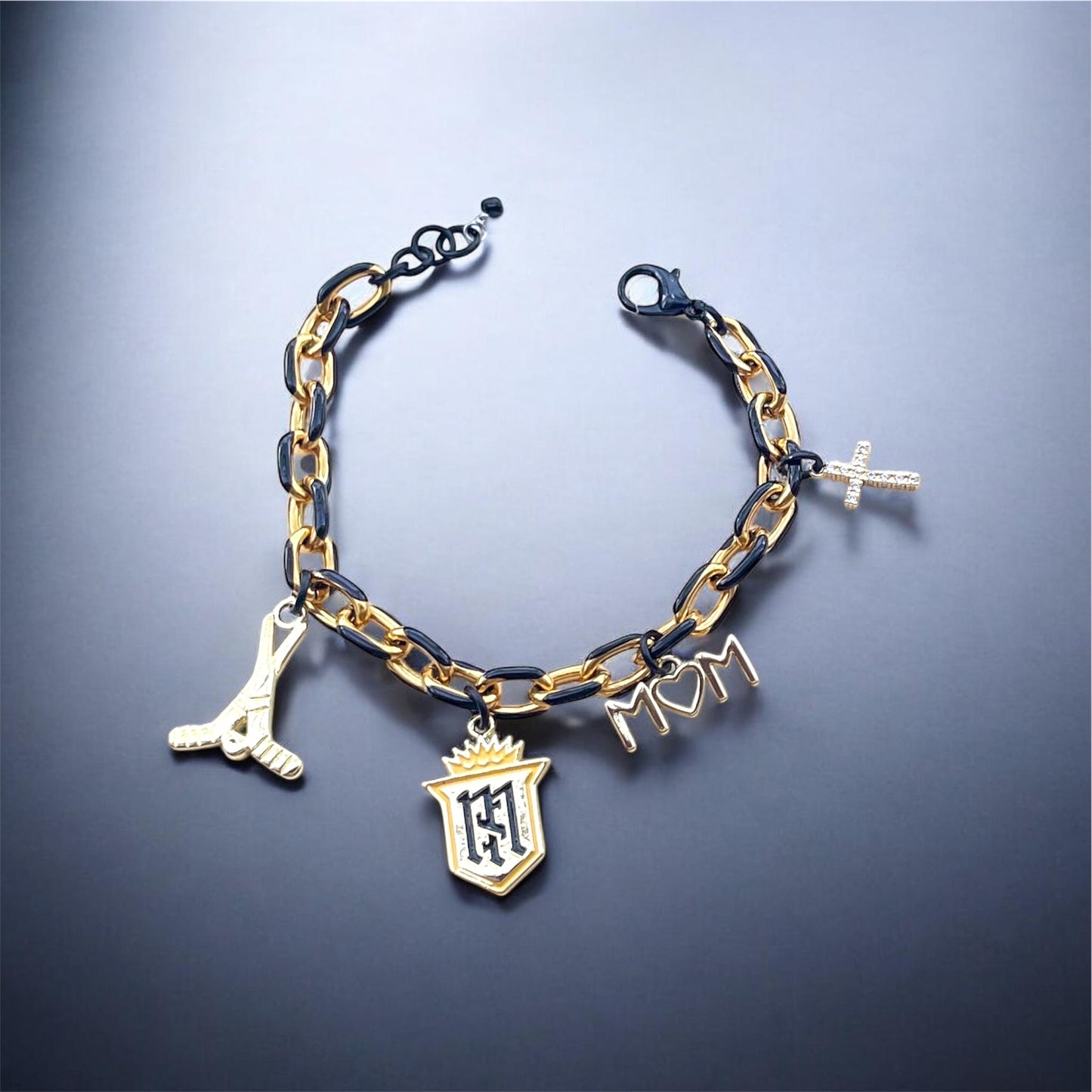 Ice Hockey Gold & Black Enamel Chunky Chain Charm Bracelet