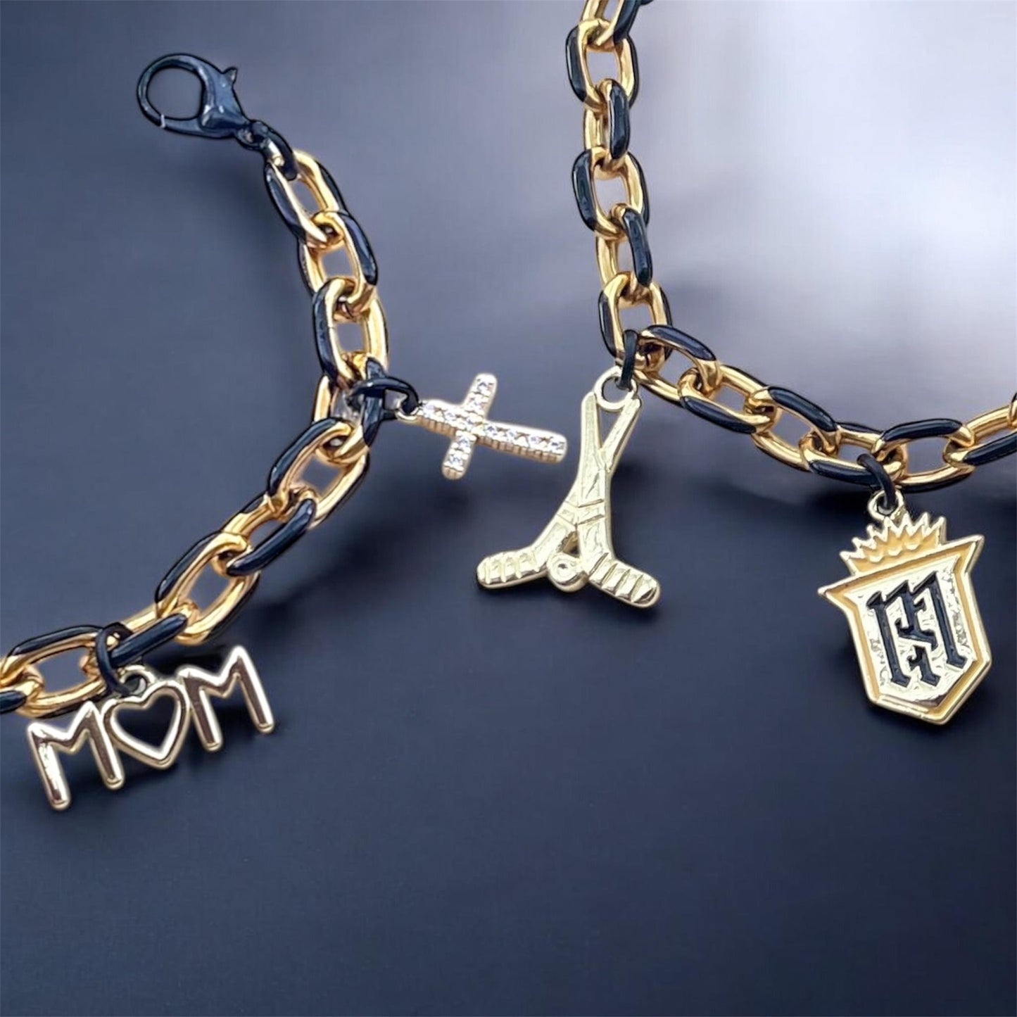 Ice Hockey Gold & Black Enamel Chunky Chain Charm Bracelet