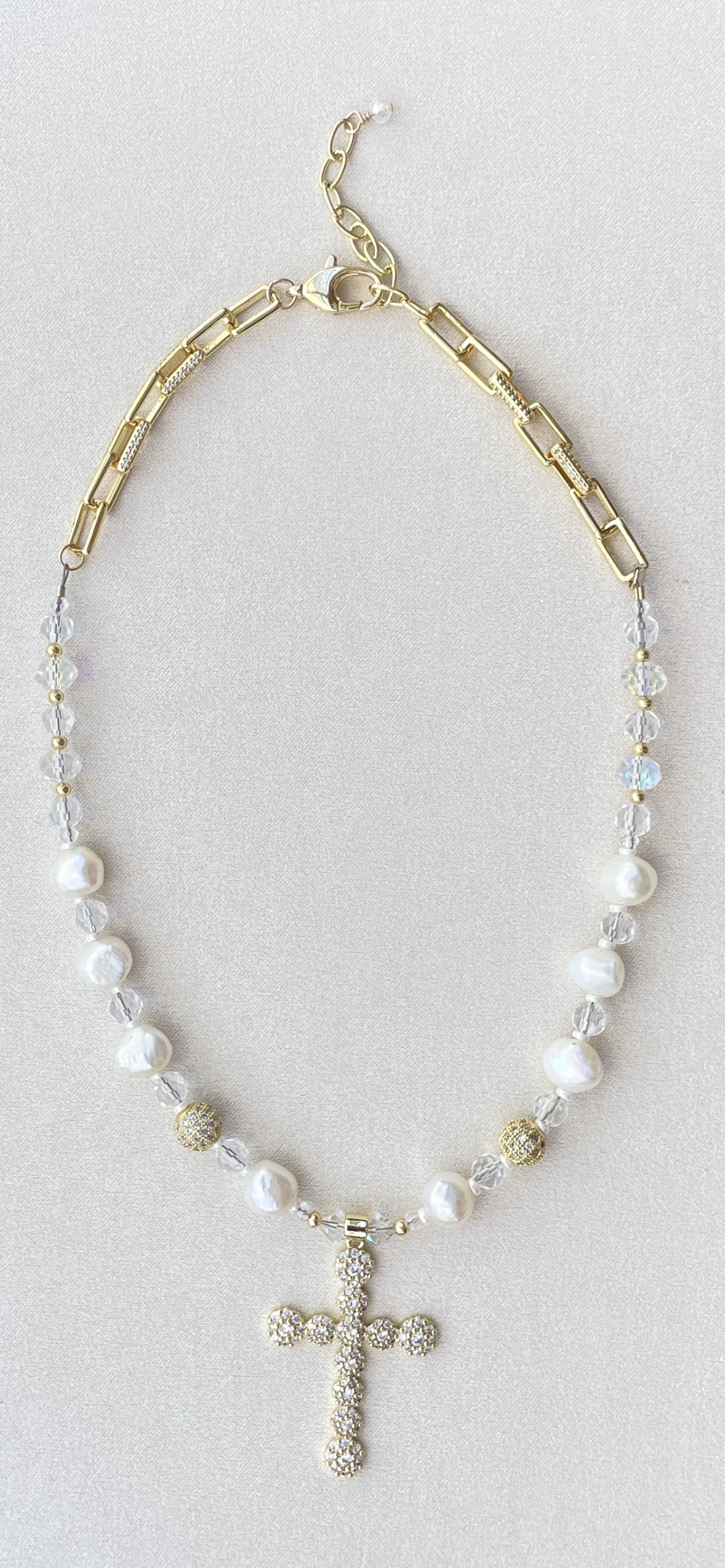 Pave Cross & Pearl Necklace