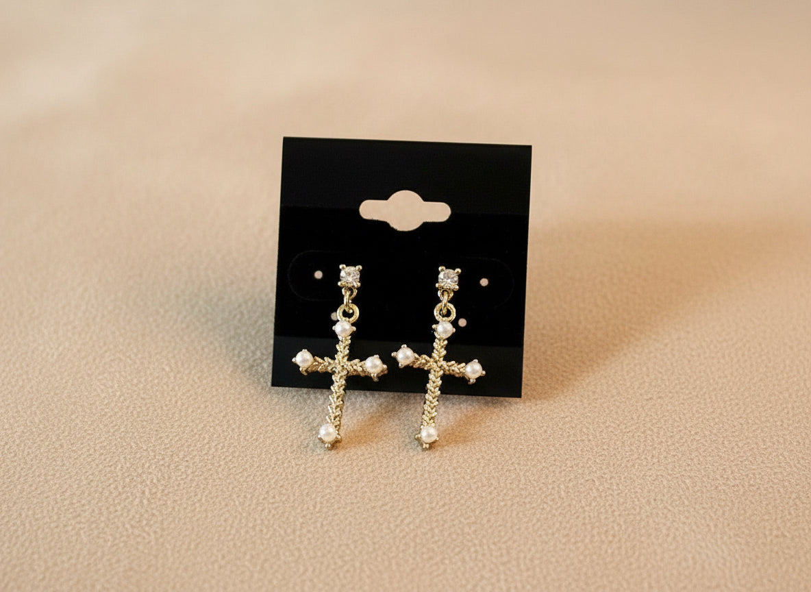 18K Gold Catholic Chevron Cross Pave Stud Earrings with Faux Pearls