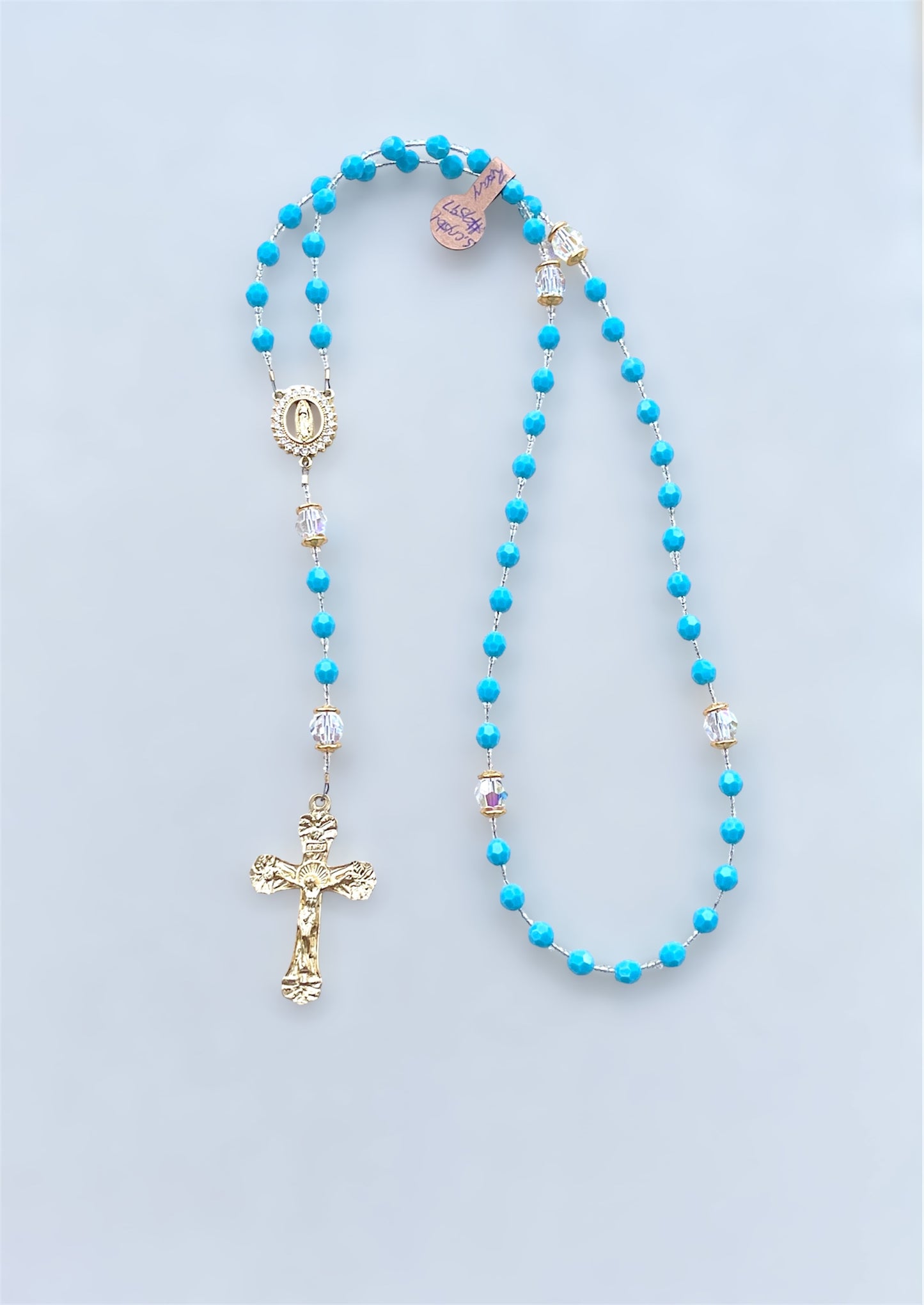 Turquoise Swarovski Crystal Rosary with Pave Our Lady of Guadalupe & Gold Trinity Crucifix