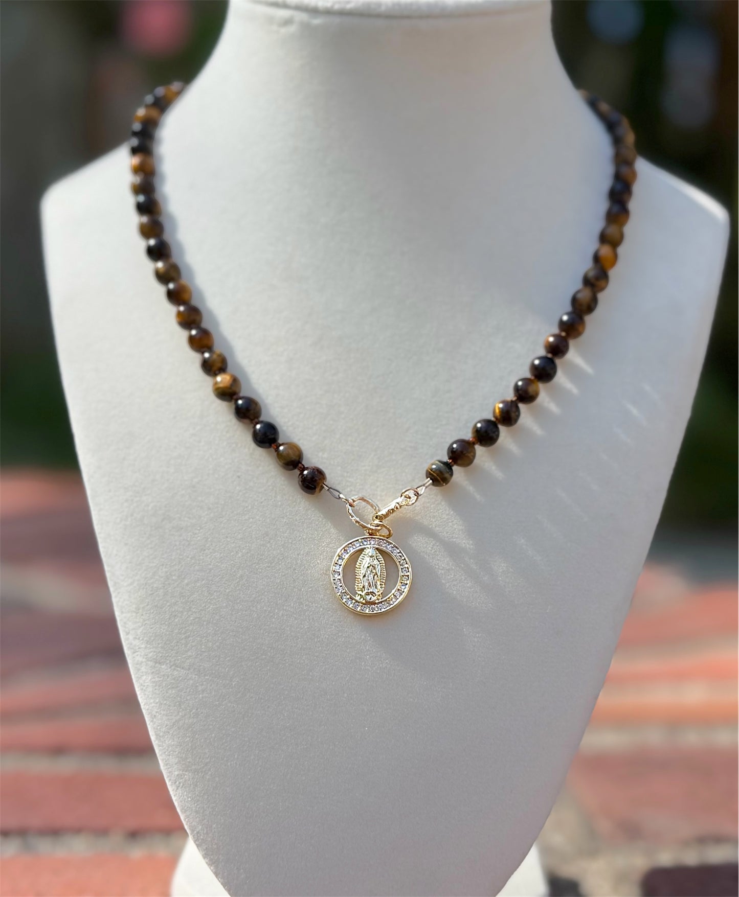 Our Lady of Guadalupe Tigers Eye Necklace