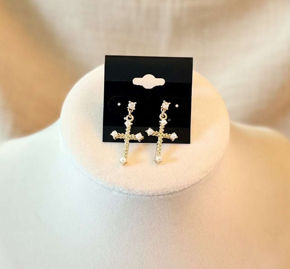 18K Gold Catholic Chevron Cross Pave Stud Earrings with Faux Pearls