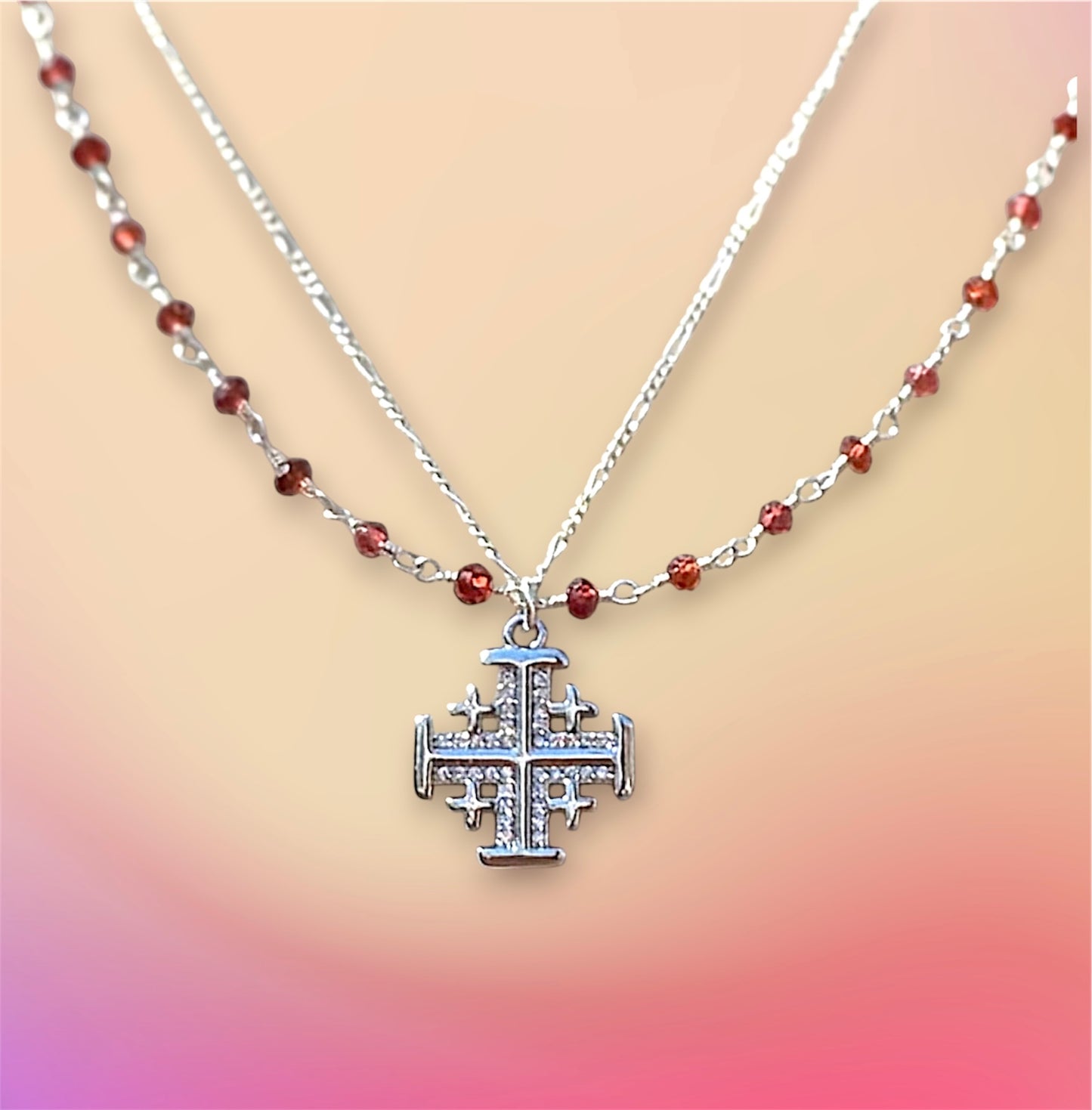 Sterling Silver Garnet Jerusalem Cross Necklace