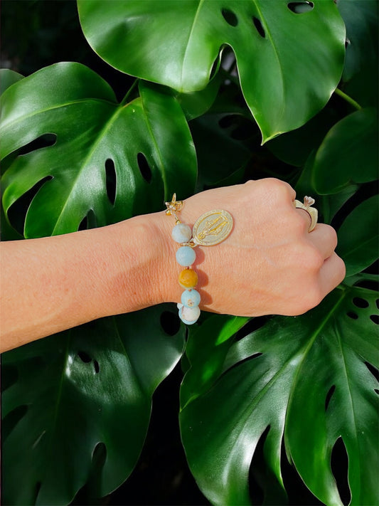 Amazonite 10mm Bracelet with Gold Miraculous Medal