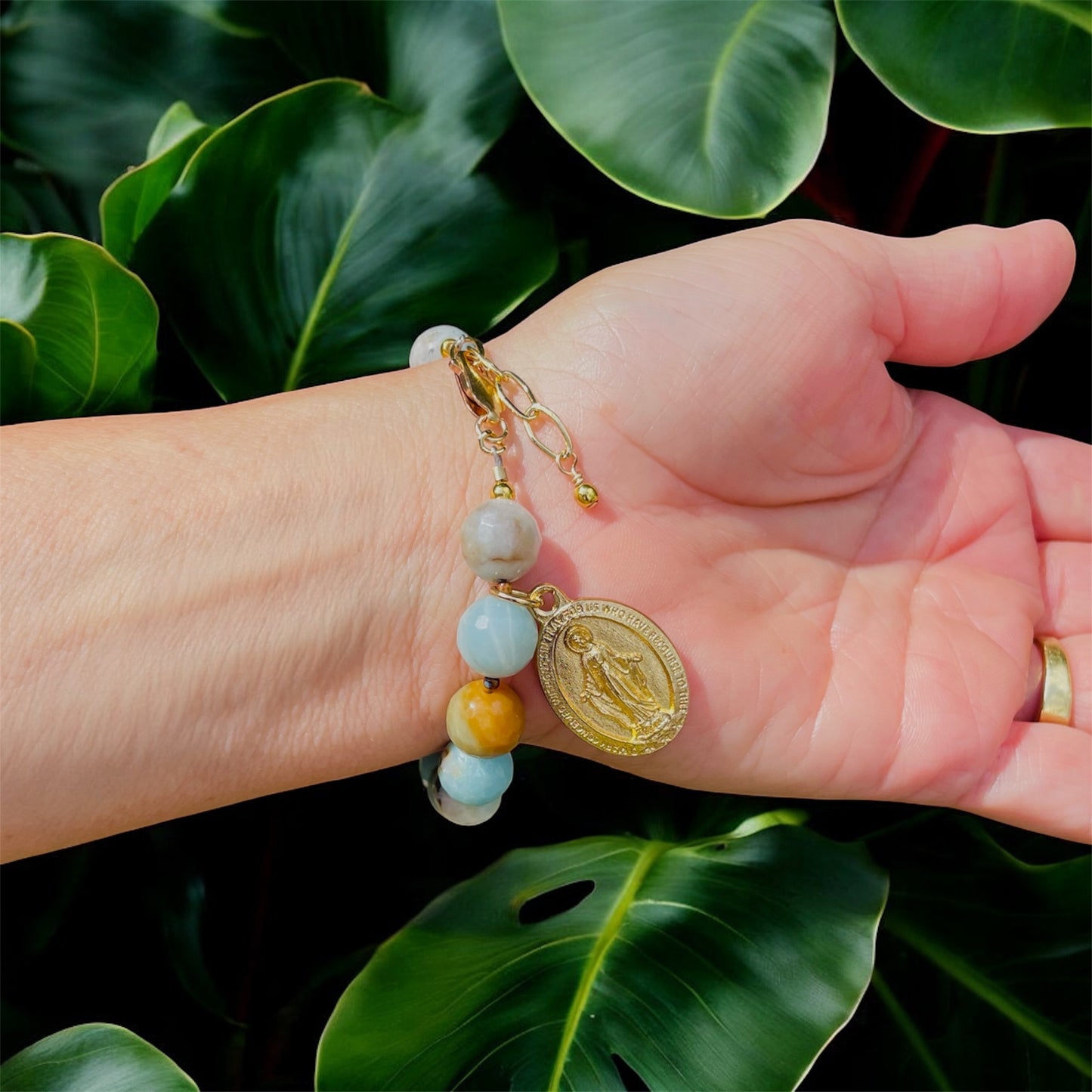 Amazonite 10mm Bracelet with Gold Miraculous Medal