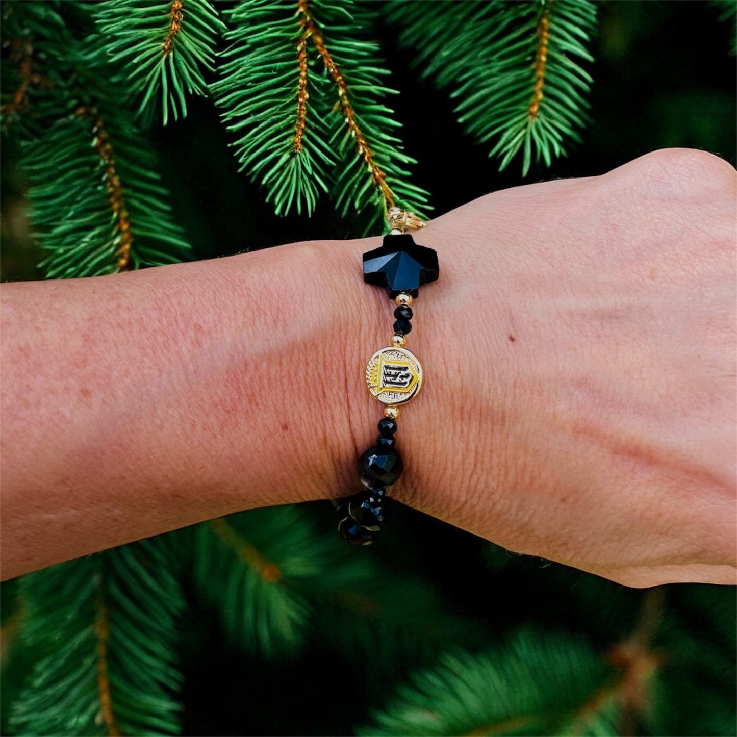 Coin-Shaped Black Agate 8mm Rosary Bracelet