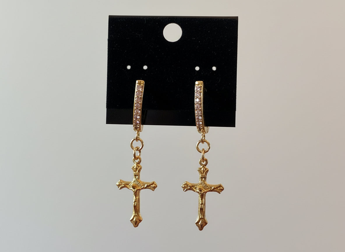 Sanctus Gold & Pavé Crucifix Drop Earrings