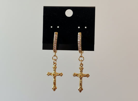Sanctus Gold & Pavé Crucifix Drop Earrings