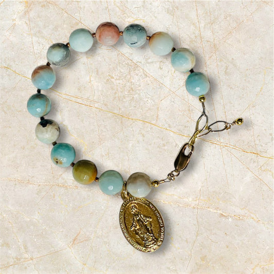 Amazonite Bracelet with Gold Miraculous Medal