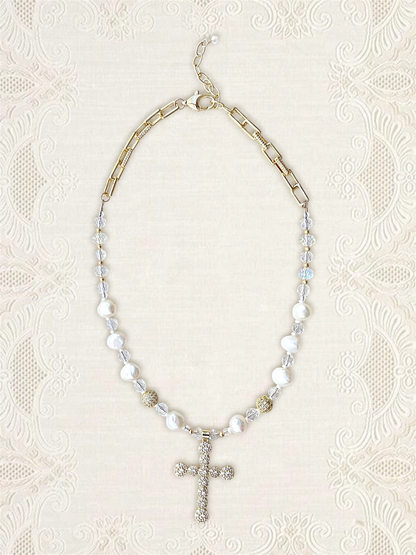 Pave Cross & Pearl Necklace