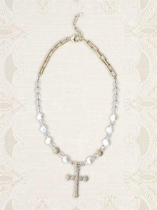 Pave Cross & Pearl Necklace