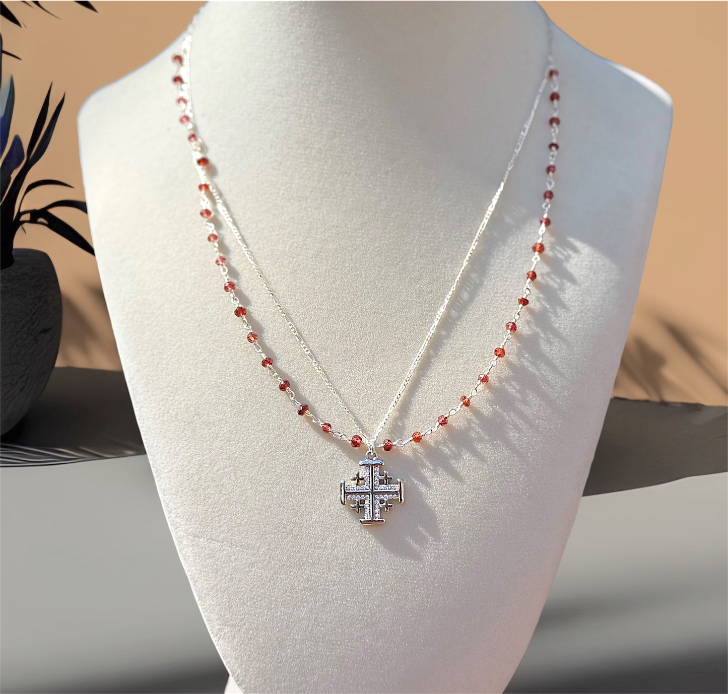 Sterling Silver Garnet Jerusalem Cross Necklace