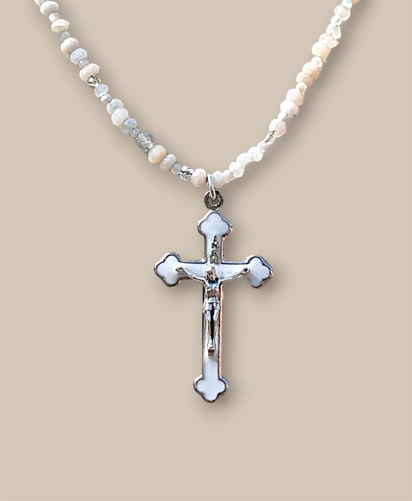 Moonstone & Mother of Pearl Rosary Necklace