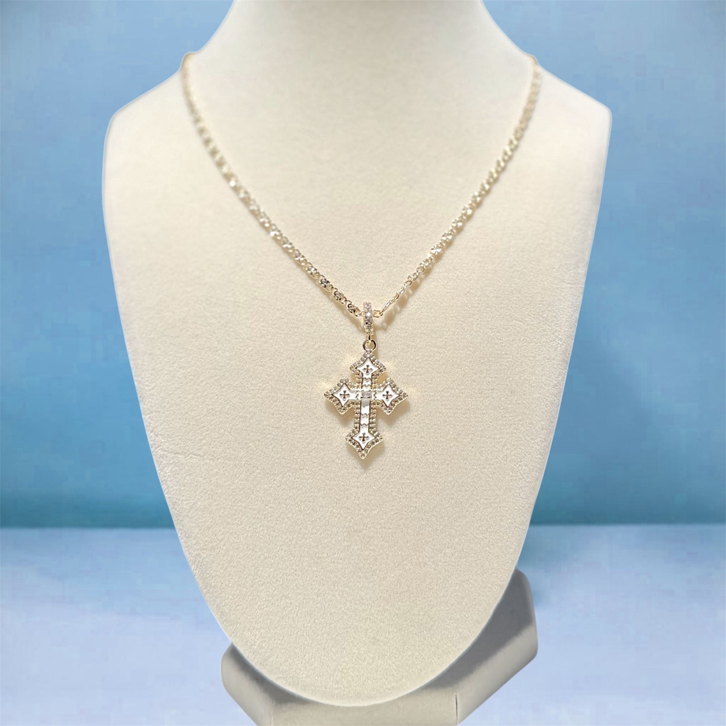 Gold-Filled White Enamel Pavé Cross Necklace