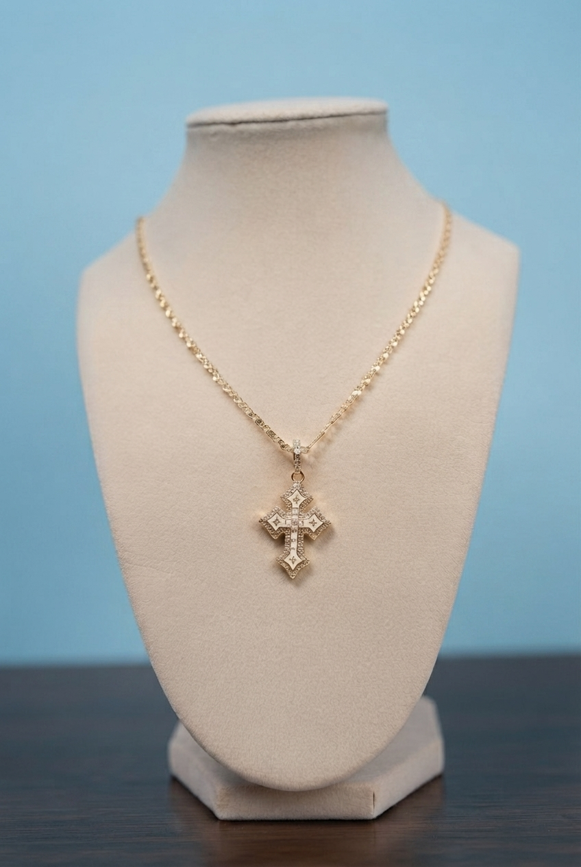 Gold-Filled White Enamel Pavé Cross Necklace