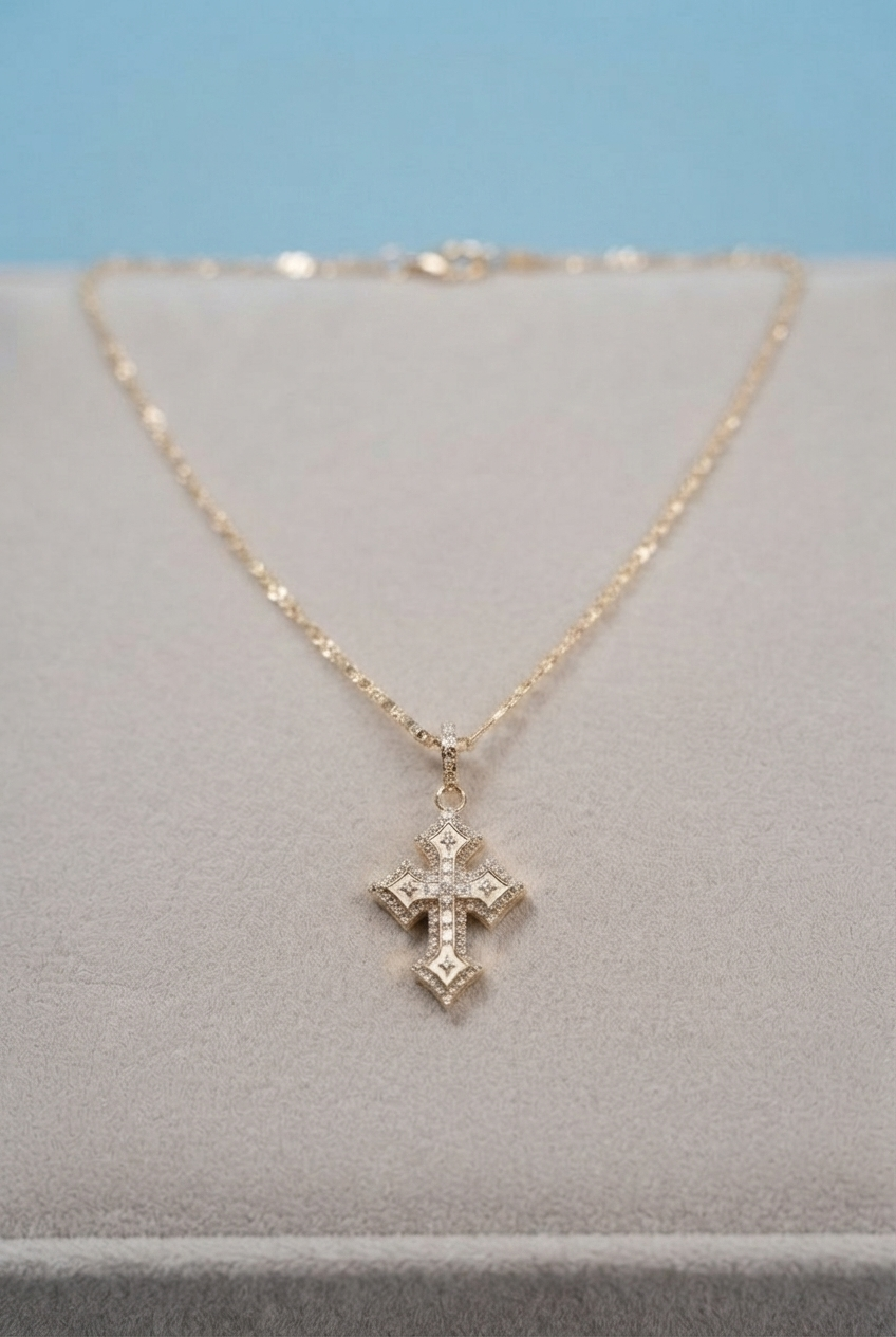 Gold-Filled White Enamel Pavé Cross Necklace