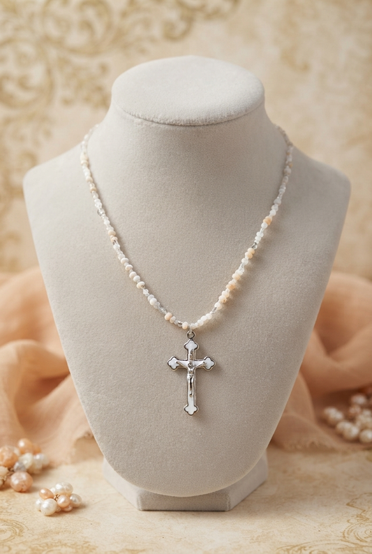 Moonstone & Mother of Pearl Rosary Necklace