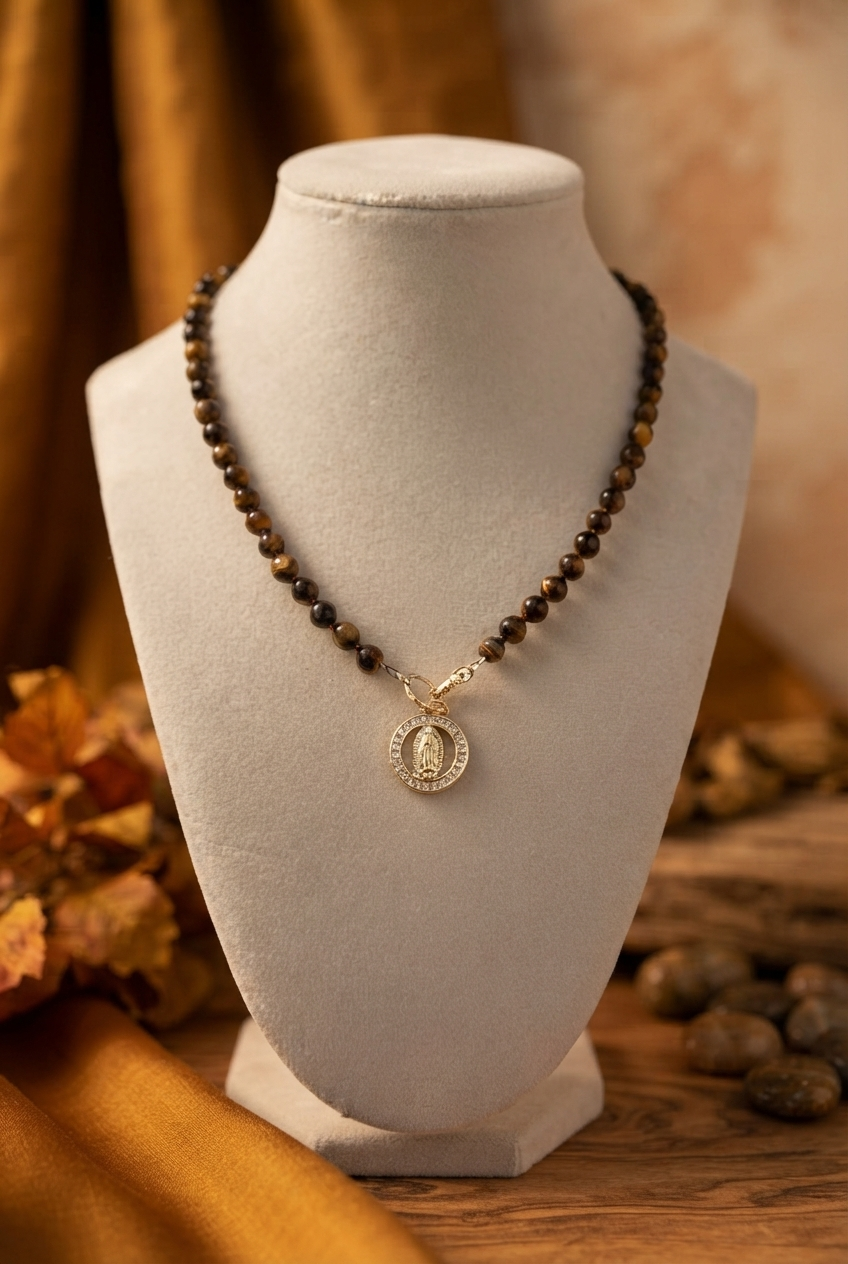 Our Lady of Guadalupe Tigers Eye Necklace