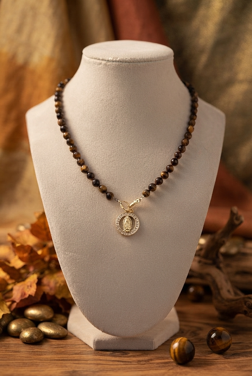Our Lady of Guadalupe Tigers Eye Necklace