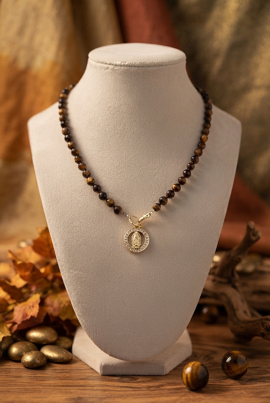 Our Lady of Guadalupe Tigers Eye Necklace