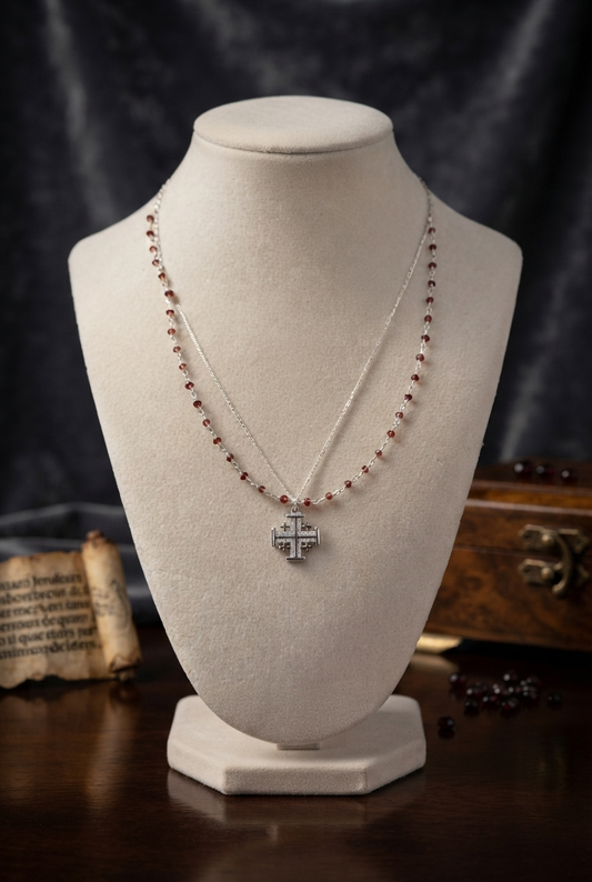 Sterling Silver Garnet Jerusalem Cross Necklace